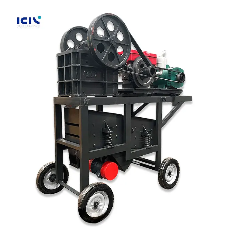 便携式轮式颚式破碎筛分设备，最大处理能力10t/h，重量1200kg，紧凑设计，适用于小型岩石/矿物/黄金