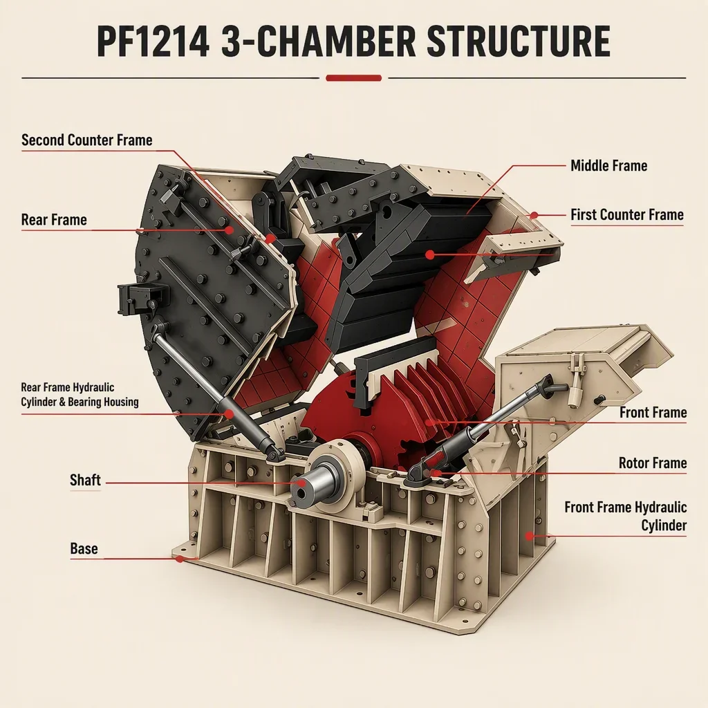 PF1214 三室冲击式破碎机,最大处理能力100t/h,带电机和齿轮,用于采矿和公路骨料。 详情图 3